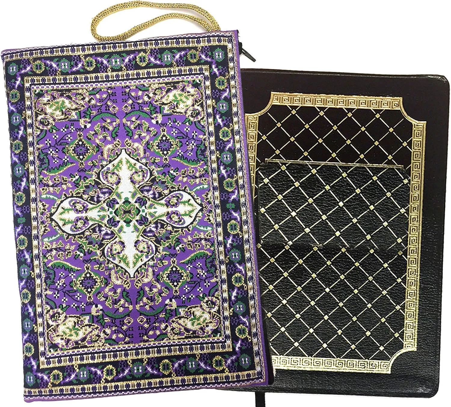 Religious Gifts Large Tapestry Pouch, Soft Case Purse Bag, Woven Rug Carpet Style Design, 11 1/4 Inch, for Book, iPad, Purple, Gold
