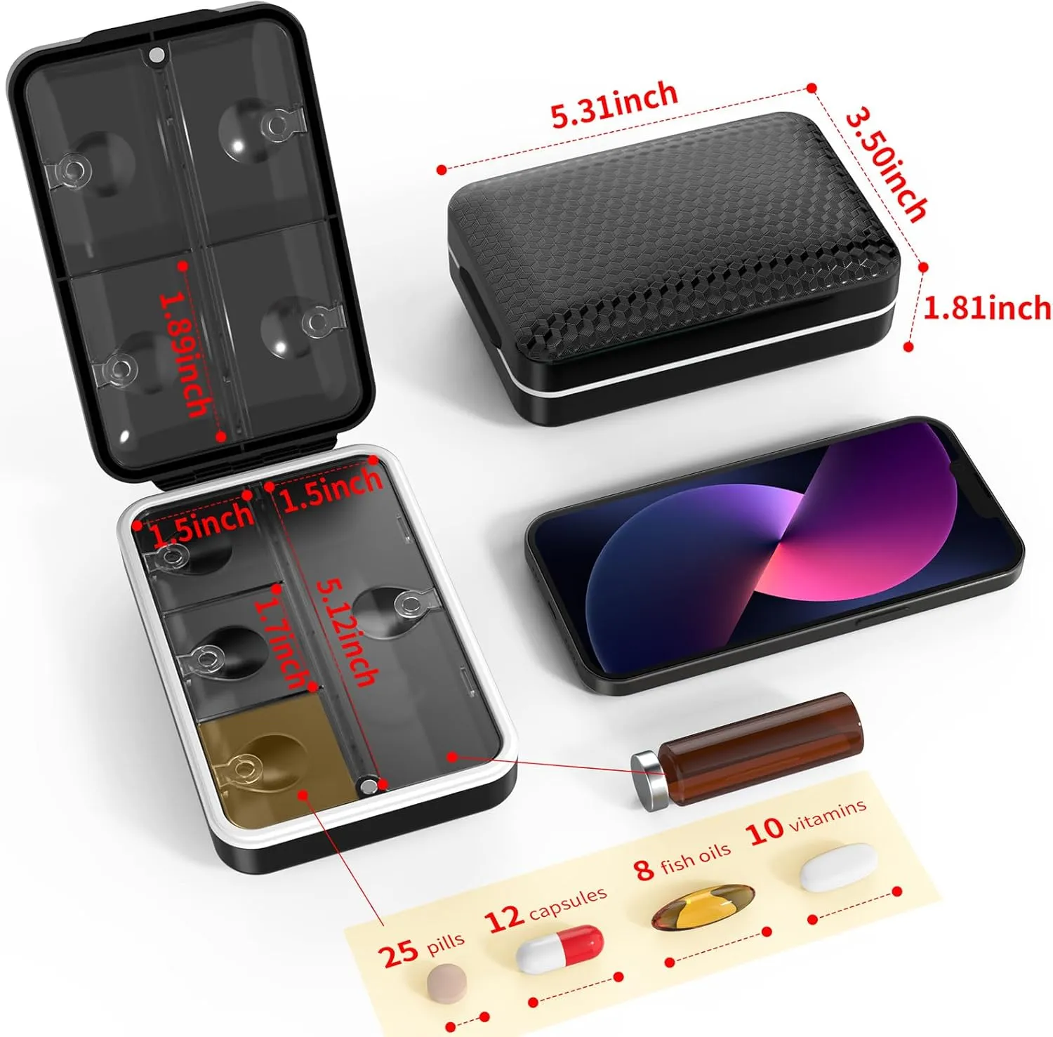 Restree Weekly Pill Organizer with Labels - 8 Compartments Travel-Size Moistureproof & Airtight Pill Case for Daily Use | Large Medicine Box for Vitamins, Supplements (Black)