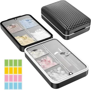 Restree Weekly Pill Organizer with Labels - 8 Compartments Travel-Size Moistureproof & Airtight Pill Case for Daily Use | Large Medicine Box for Vitamins, Supplements (Black)