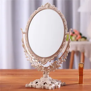 Retro Double-Sided Tabletop Makeup Mirror, Oval Swivel Desktop Stand with 360 Rotation, Vintage Two-Sided Mirror (Nano White)