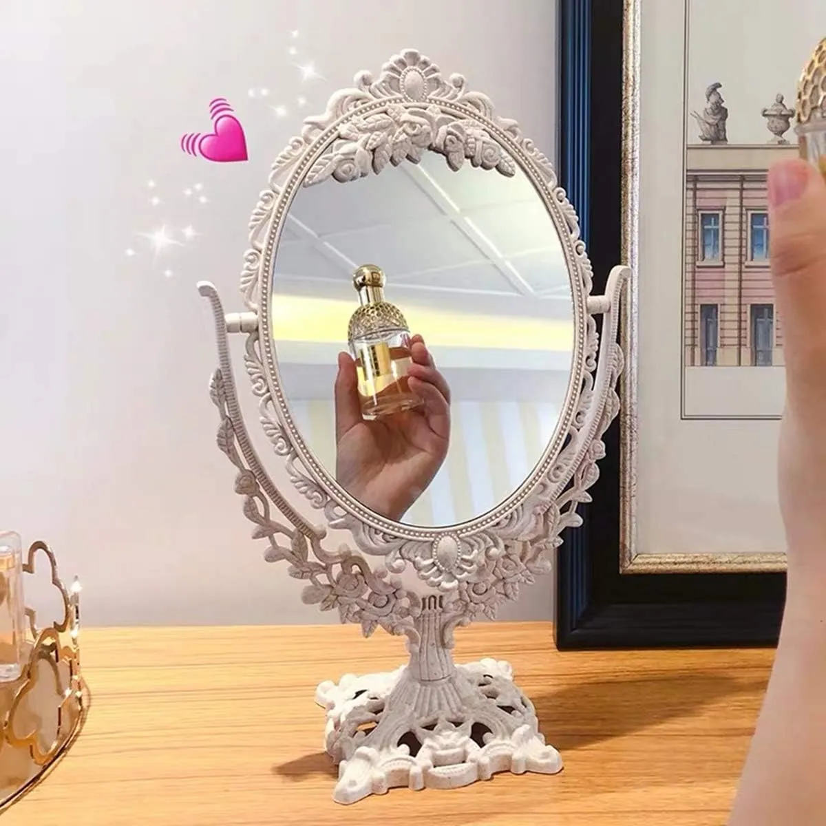 Retro Double-Sided Tabletop Makeup Mirror, Oval Swivel Desktop Stand with 360 Rotation, Vintage Two-Sided Mirror (Nano White)