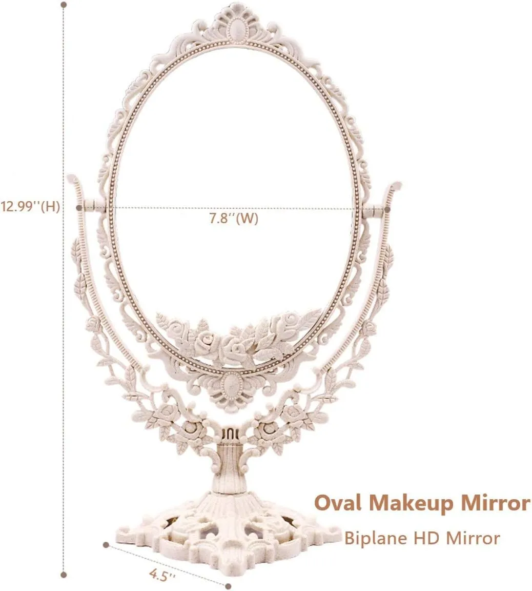 Retro Double-Sided Tabletop Makeup Mirror, Oval Swivel Desktop Stand with 360 Rotation, Vintage Two-Sided Mirror (Nano White)