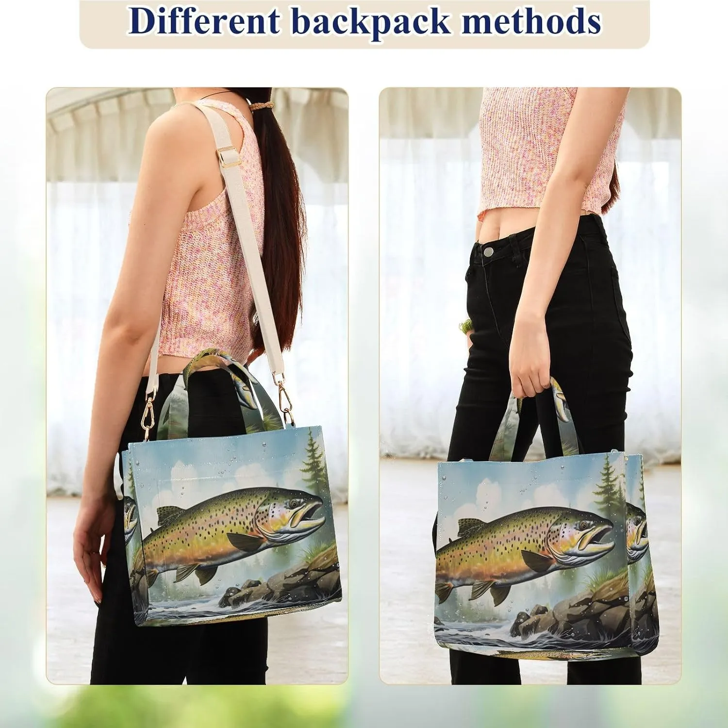 Retro Trout Landscape Corduroy Tote Bag for Women Large Shoulder Bag with Pockets for Beach Work Travel Shopping S