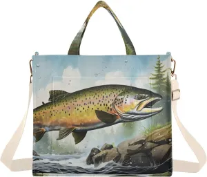 Retro Trout Landscape Corduroy Tote Bag for Women Large Shoulder Bag with Pockets for Beach Work Travel Shopping S