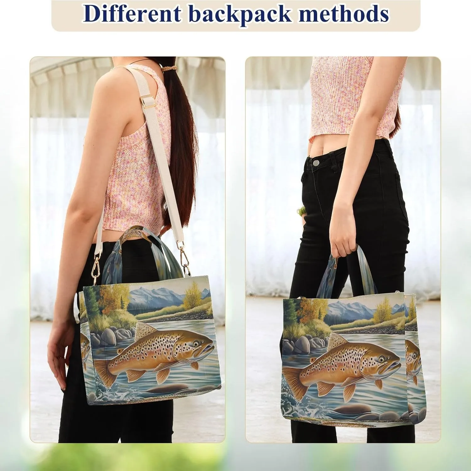 Retro Trout River Corduroy Tote Bag for Women Large Shoulder Bag with Pockets for Beach Work Travel Shopping S