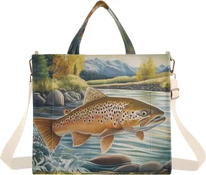 Retro Trout River Corduroy Tote Bag for Women Large Shoulder Bag with Pockets for Beach Work Travel Shopping S