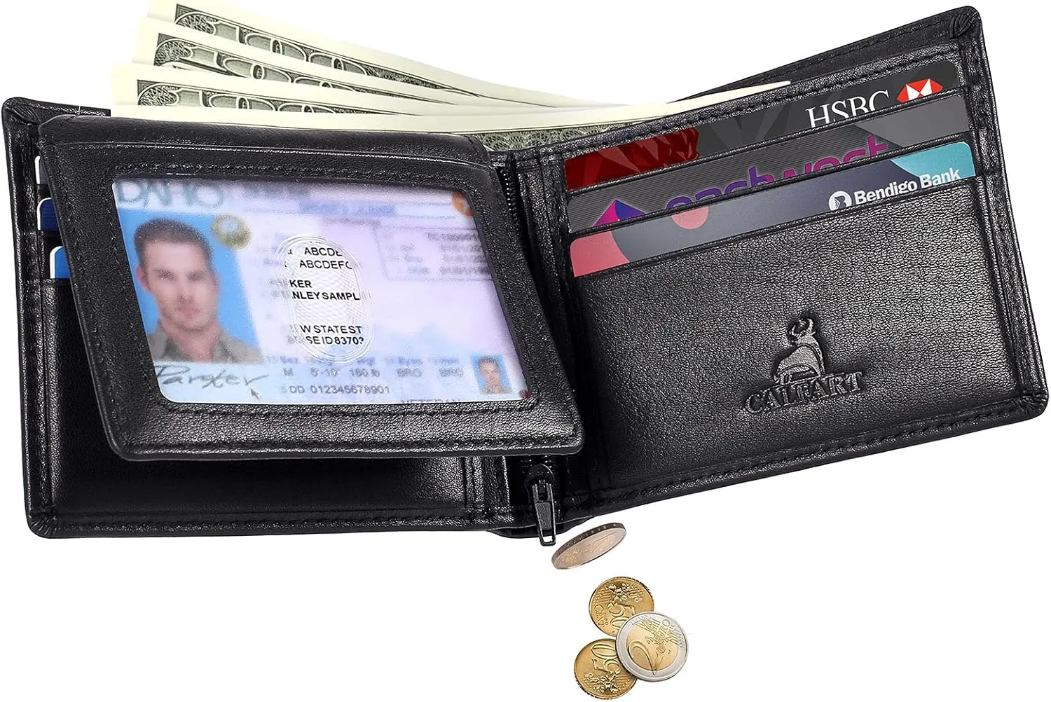 RFID Slim Front Pocket Wallets For Men - Genuine Leather Credit Card Mens Bifold Wallet With 2 ID Windows Zipper Coin Stylish Passcase