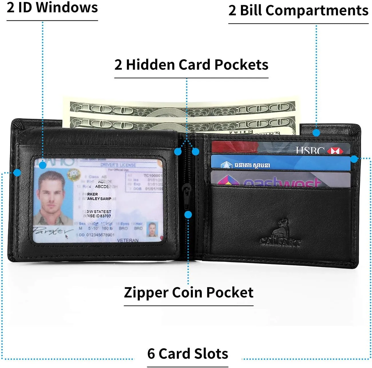 RFID Slim Front Pocket Wallets For Men - Genuine Leather Credit Card Mens Bifold Wallet With 2 ID Windows Zipper Coin Stylish Passcase