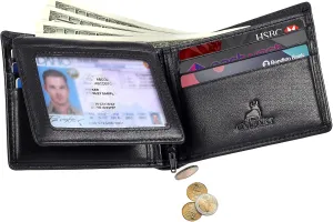 RFID Slim Front Pocket Wallets For Men - Genuine Leather Credit Card Mens Bifold Wallet With 2 ID Windows Zipper Coin Stylish Passcase