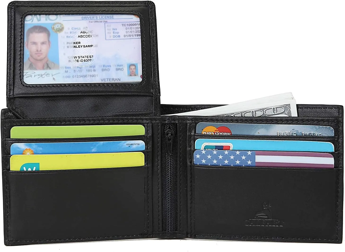 RFID Slim Front Pocket Wallets For Men - Genuine Leather Credit Card Mens Bifold Wallet With 2 ID Windows Zipper Coin Stylish Passcase