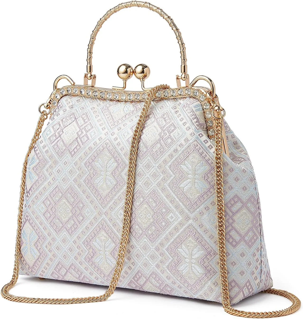 Rhinestone Clutch Purses for Women with Chain Strap, Cotton Evening Bags Kiss Lock Top Handle Purses Crossbody Bags Shoulder Handbags for Women - Silver Purple Butterfly Blossom
