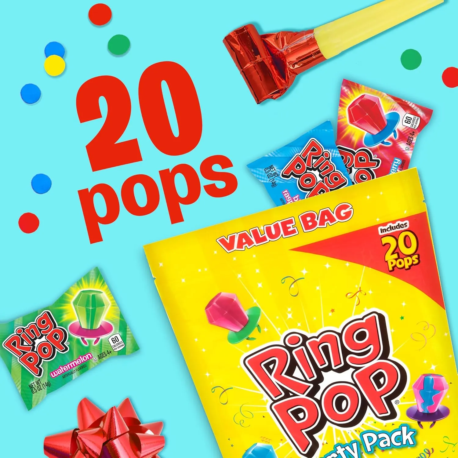 Ring Pop Candy Lollipops - Individually Wrapped Bulk Lollipop Variety Party Pack – 20 Count Suckers w/ Assorted Flavors - Fun Candy for Kids - Hard Candy for Party Favors, Birthdays & Goodie Bags