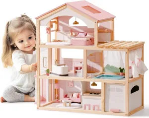 ROBOTIME Wooden Dollhouse, Doll House with 29 Pieces Furniture Set - Pool and Elevator, Wooden Doll House for 4, 5, 6-Inch Dolls, 6 Rooms Pink Dollhouse Gift for Kids Girls Ages 3  (Pink)
