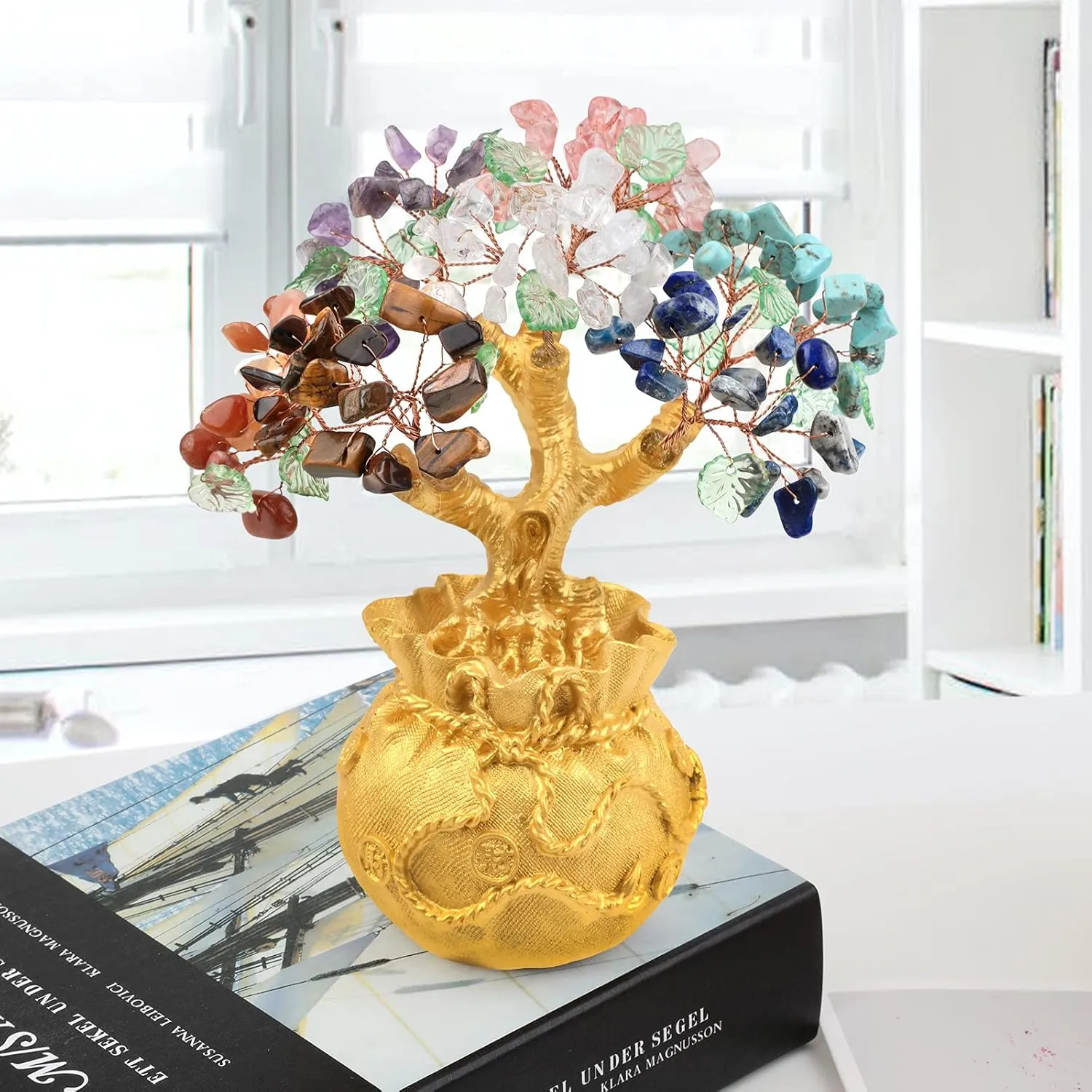 rockcloud Crystal Money Tree with Golden Money Bag, Feng Shui Cabinet Decoration for Wealth and Luck Bonsai Home Office Ornament, 7 Chakras Stones