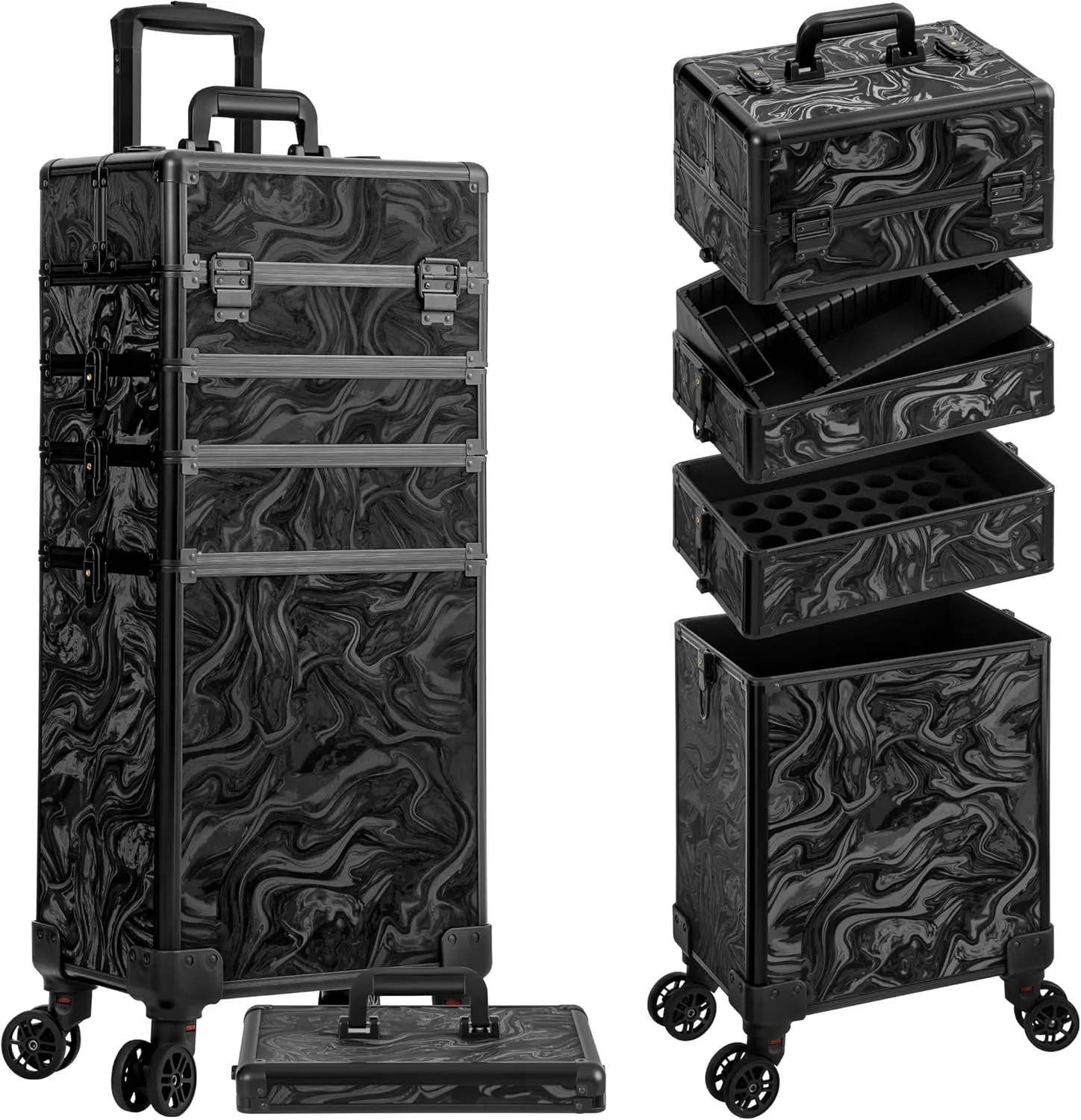 Rolling Makeup Train Case 5 in 1 Cosmetic Trolley Organizer Travel Lockable Salon Barber Cart Trunk with Wheels for Women Hairstylist Artist Trave Nail, Black Ink