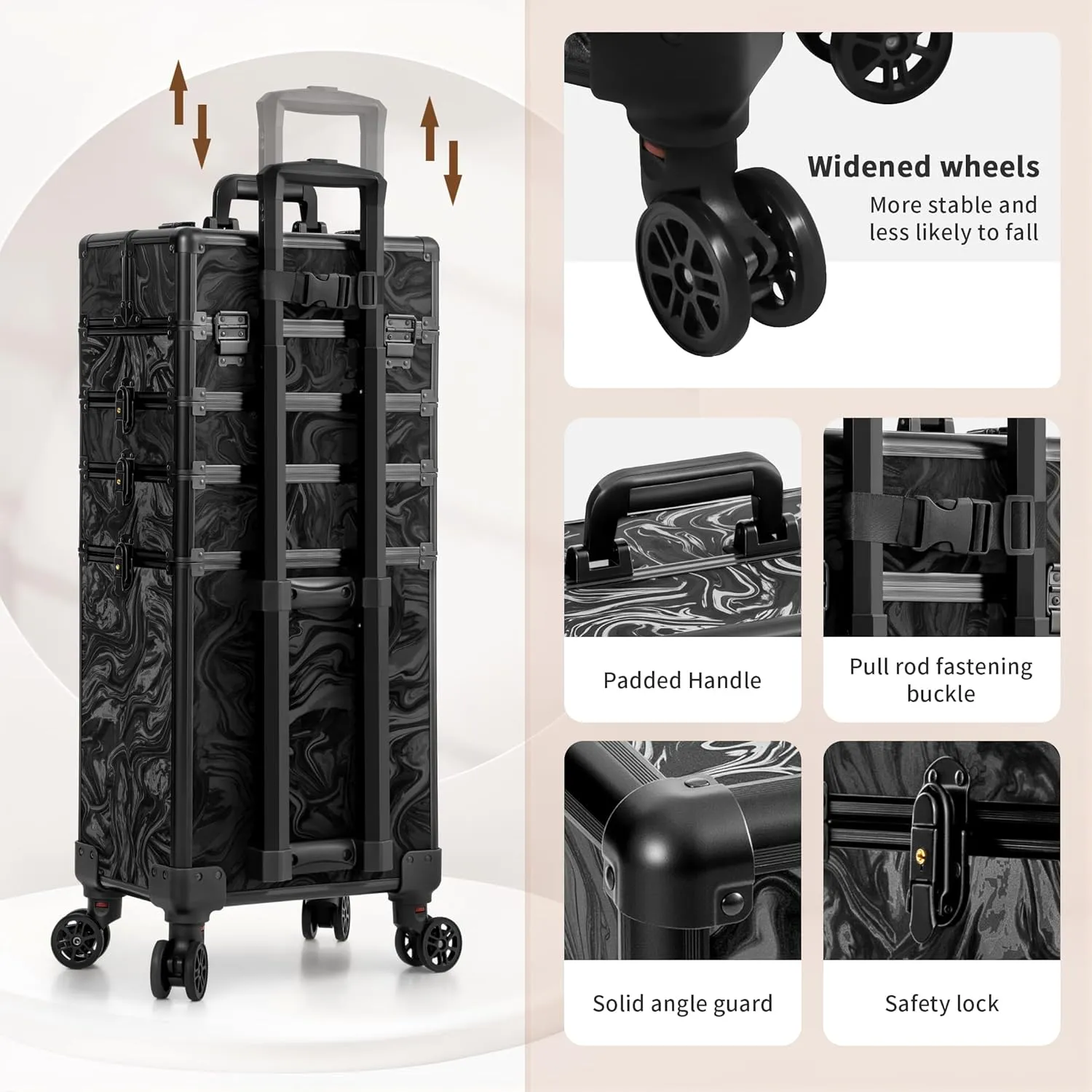 Rolling Makeup Train Case 5 in 1 Cosmetic Trolley Organizer Travel Lockable Salon Barber Cart Trunk with Wheels for Women Hairstylist Artist Trave Nail, Black Ink