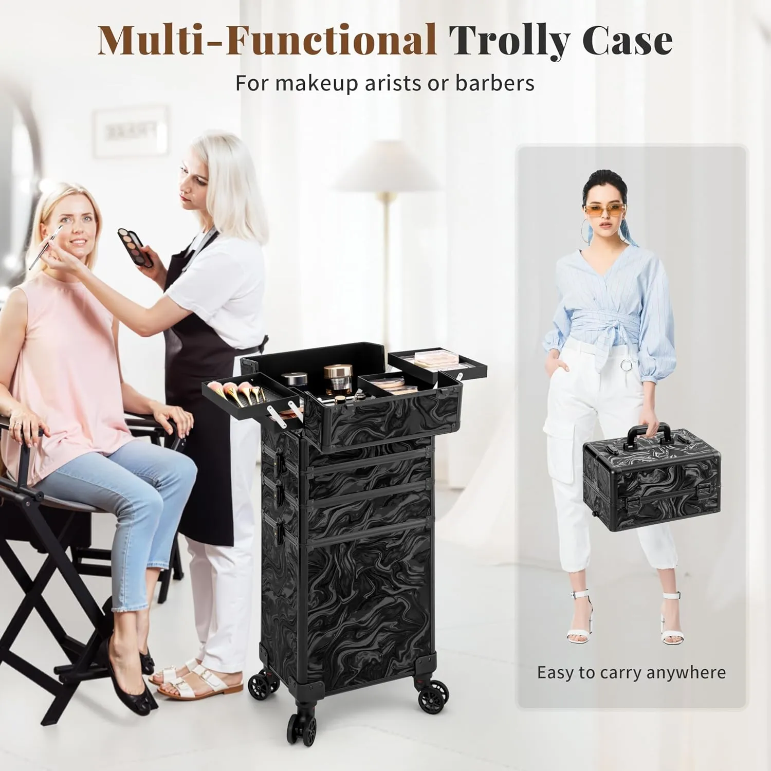 Rolling Makeup Train Case 5 in 1 Cosmetic Trolley Organizer Travel Lockable Salon Barber Cart Trunk with Wheels for Women Hairstylist Artist Trave Nail, Black Ink