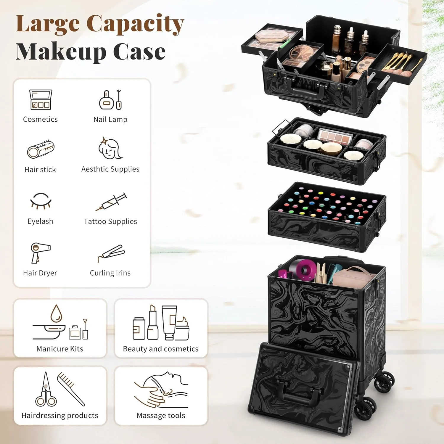 Rolling Makeup Train Case 5 in 1 Cosmetic Trolley Organizer Travel Lockable Salon Barber Cart Trunk with Wheels for Women Hairstylist Artist Trave Nail, Black Ink