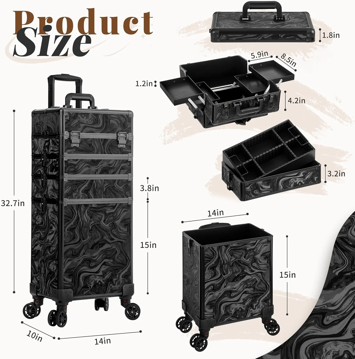 Rolling Makeup Train Case 5 in 1 Cosmetic Trolley Organizer Travel Lockable Salon Barber Cart Trunk with Wheels for Women Hairstylist Artist Trave Nail, Black Ink