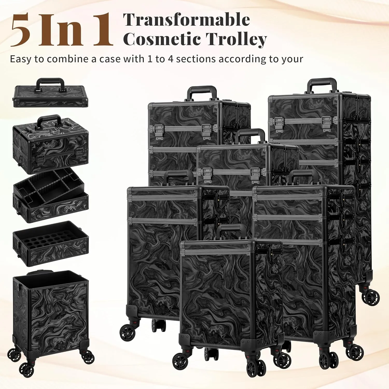 Rolling Makeup Train Case 5 in 1 Cosmetic Trolley Organizer Travel Lockable Salon Barber Cart Trunk with Wheels for Women Hairstylist Artist Trave Nail, Black Ink