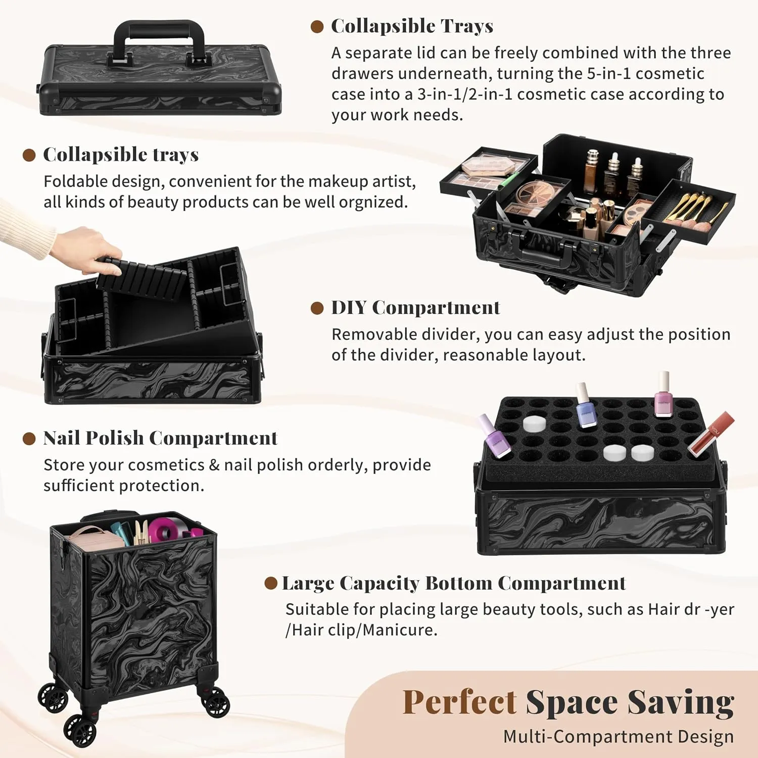 Rolling Makeup Train Case 5 in 1 Cosmetic Trolley Organizer Travel Lockable Salon Barber Cart Trunk with Wheels for Women Hairstylist Artist Trave Nail, Black Ink
