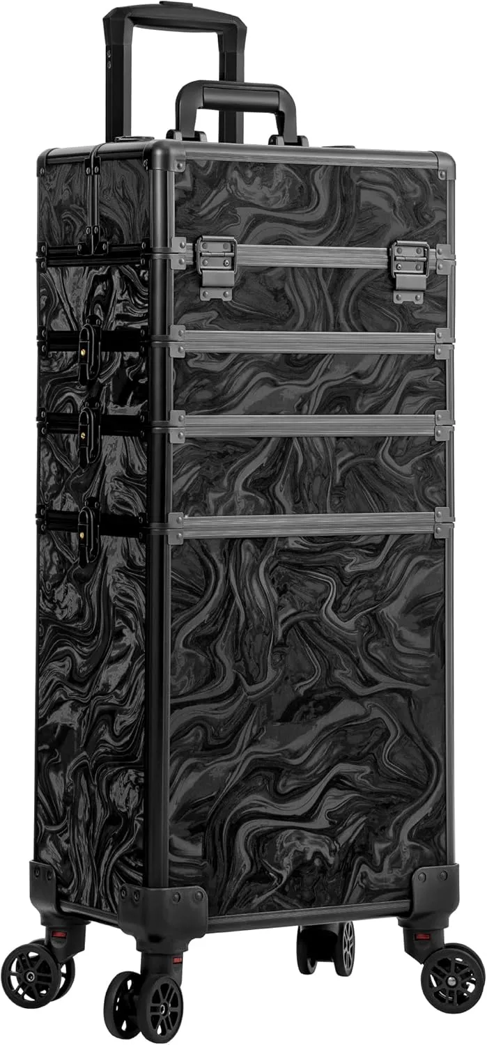 Rolling Makeup Train Case 5 in 1 Cosmetic Trolley Organizer Travel Lockable Salon Barber Cart Trunk with Wheels for Women Hairstylist Artist Trave Nail, Black Ink