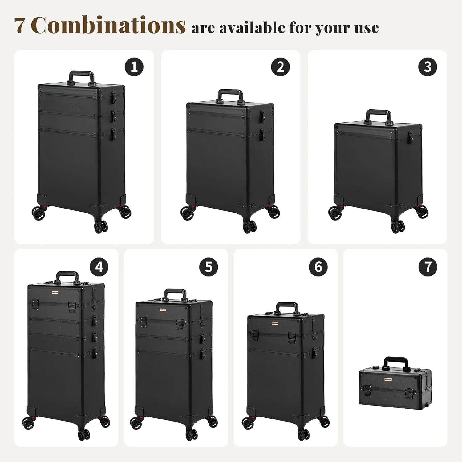 Rolling Makeup Train Case Large Storage Cosmetic Trolley 5 in 1 Large Capacity Trolley Makeup Travel Case with Key Swivel Wheels Salon Barber Case Traveling Cart Trunk, Black