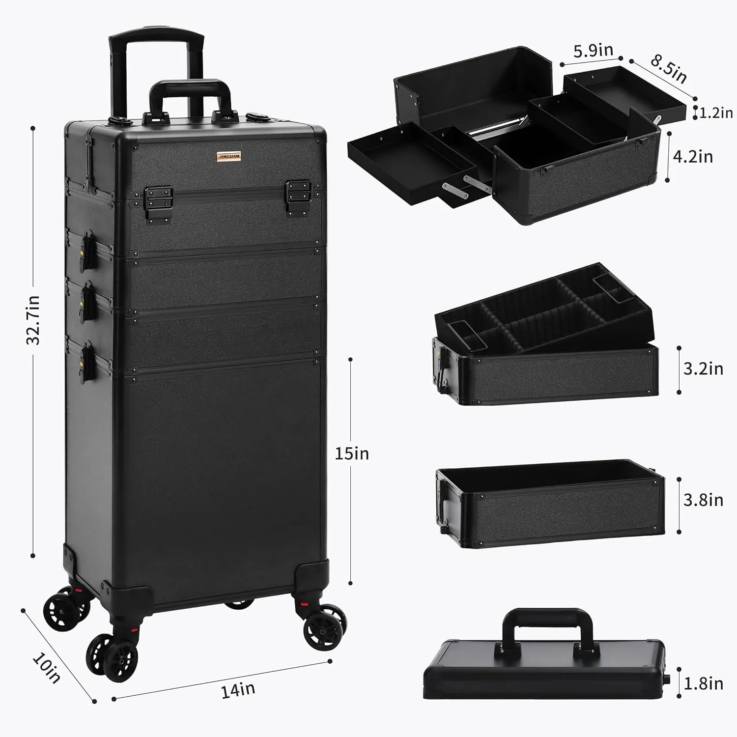 Rolling Makeup Train Case Large Storage Cosmetic Trolley 5 in 1 Large Capacity Trolley Makeup Travel Case with Key Swivel Wheels Salon Barber Case Traveling Cart Trunk, Black