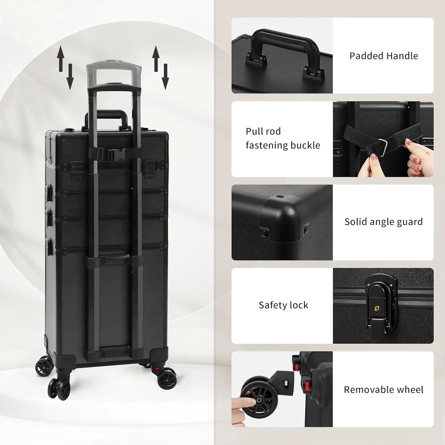 Rolling Makeup Train Case Large Storage Cosmetic Trolley 5 in 1 Large Capacity Trolley Makeup Travel Case with Key Swivel Wheels Salon Barber Case Traveling Cart Trunk, Black