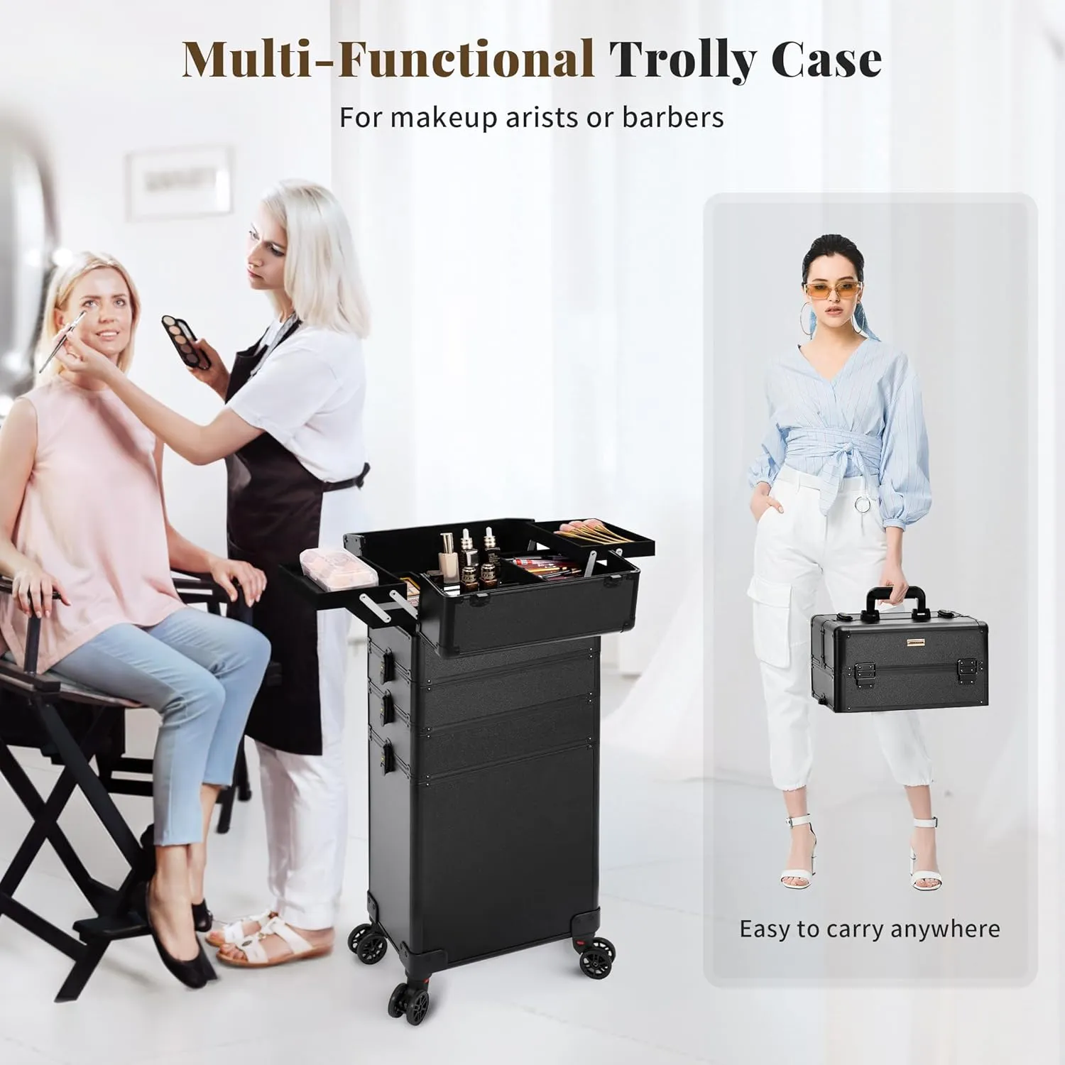 Rolling Makeup Train Case Large Storage Cosmetic Trolley 5 in 1 Large Capacity Trolley Makeup Travel Case with Key Swivel Wheels Salon Barber Case Traveling Cart Trunk, Black