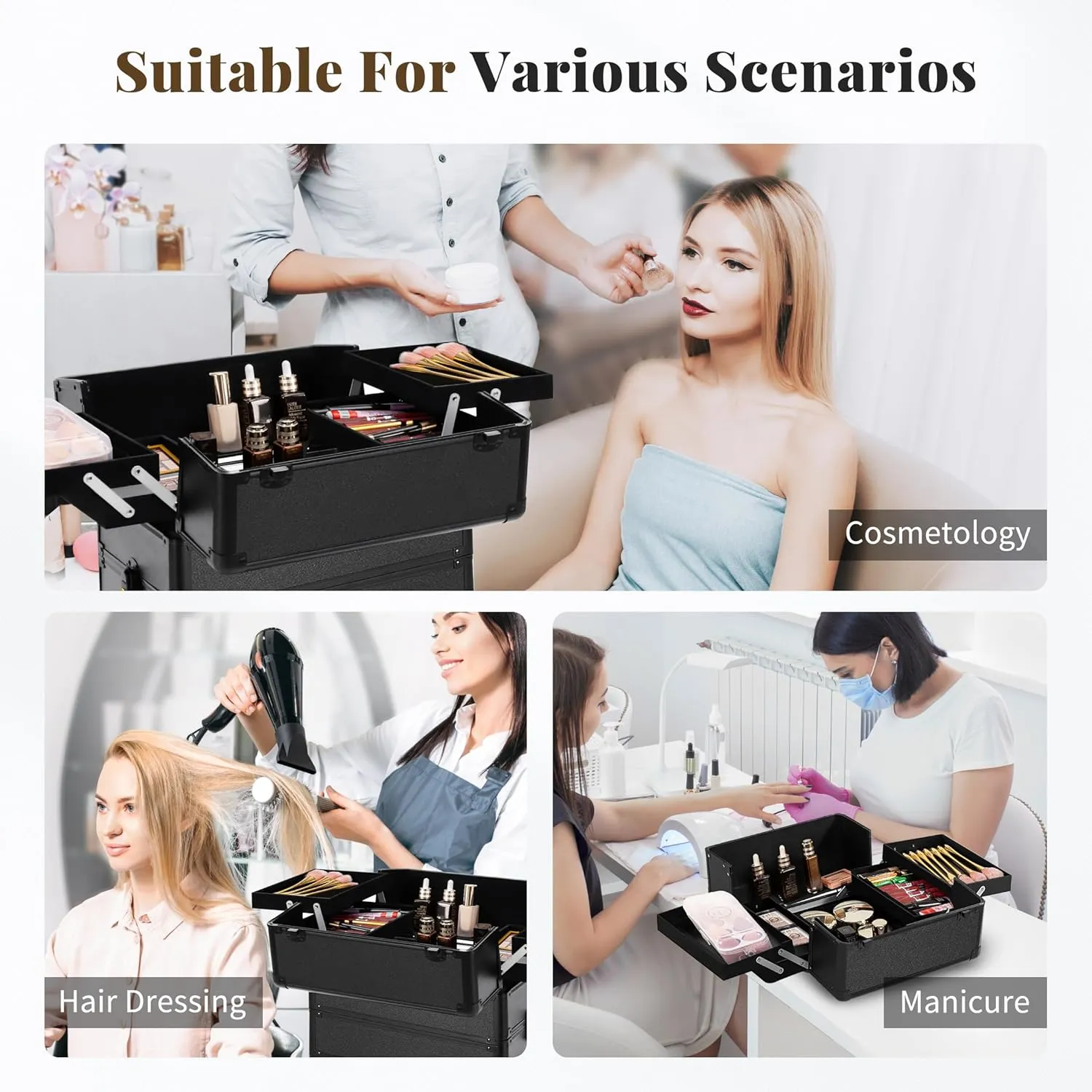 Rolling Makeup Train Case Large Storage Cosmetic Trolley 5 in 1 Large Capacity Trolley Makeup Travel Case with Key Swivel Wheels Salon Barber Case Traveling Cart Trunk, Black
