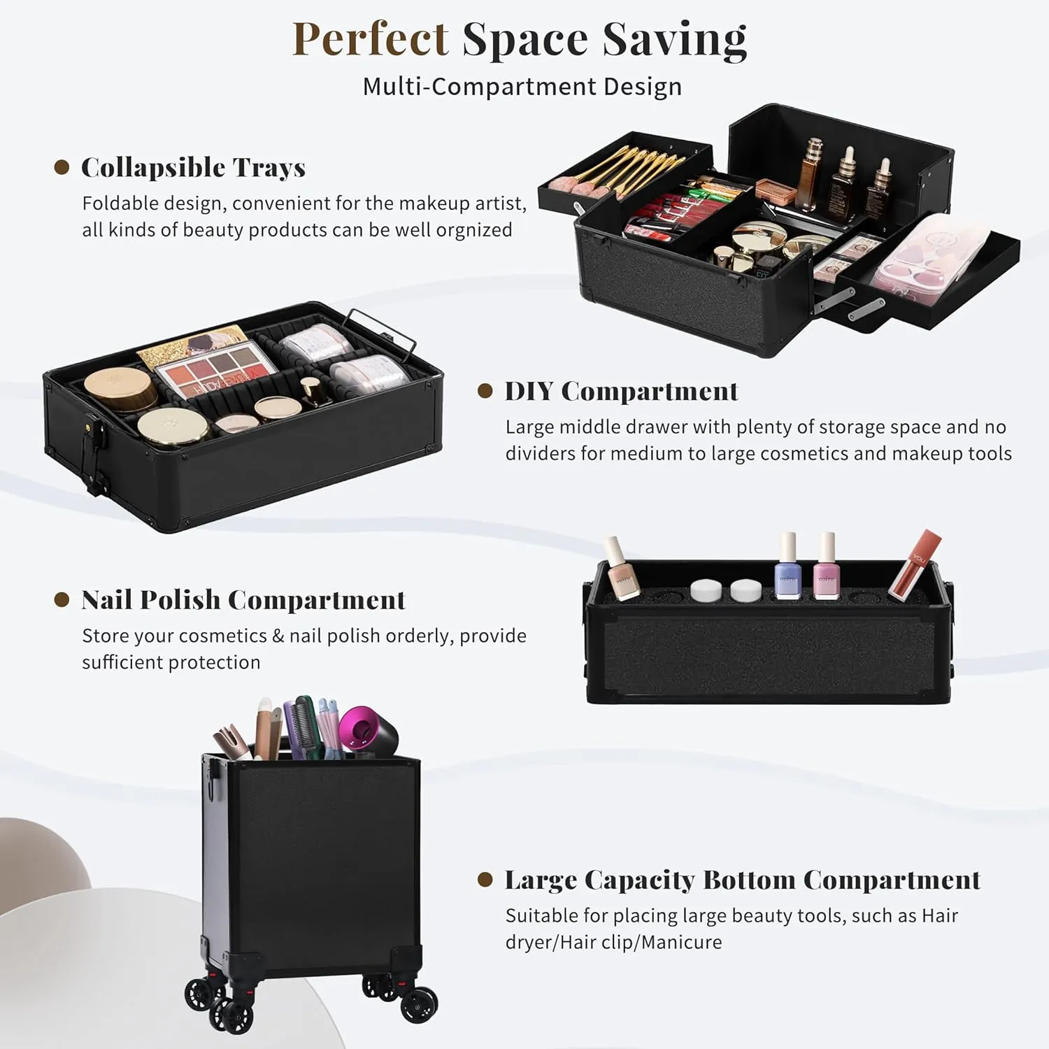 Rolling Makeup Train Case Large Storage Cosmetic Trolley 5 in 1 Large Capacity Trolley Makeup Travel Case with Key Swivel Wheels Salon Barber Case Traveling Cart Trunk, Black