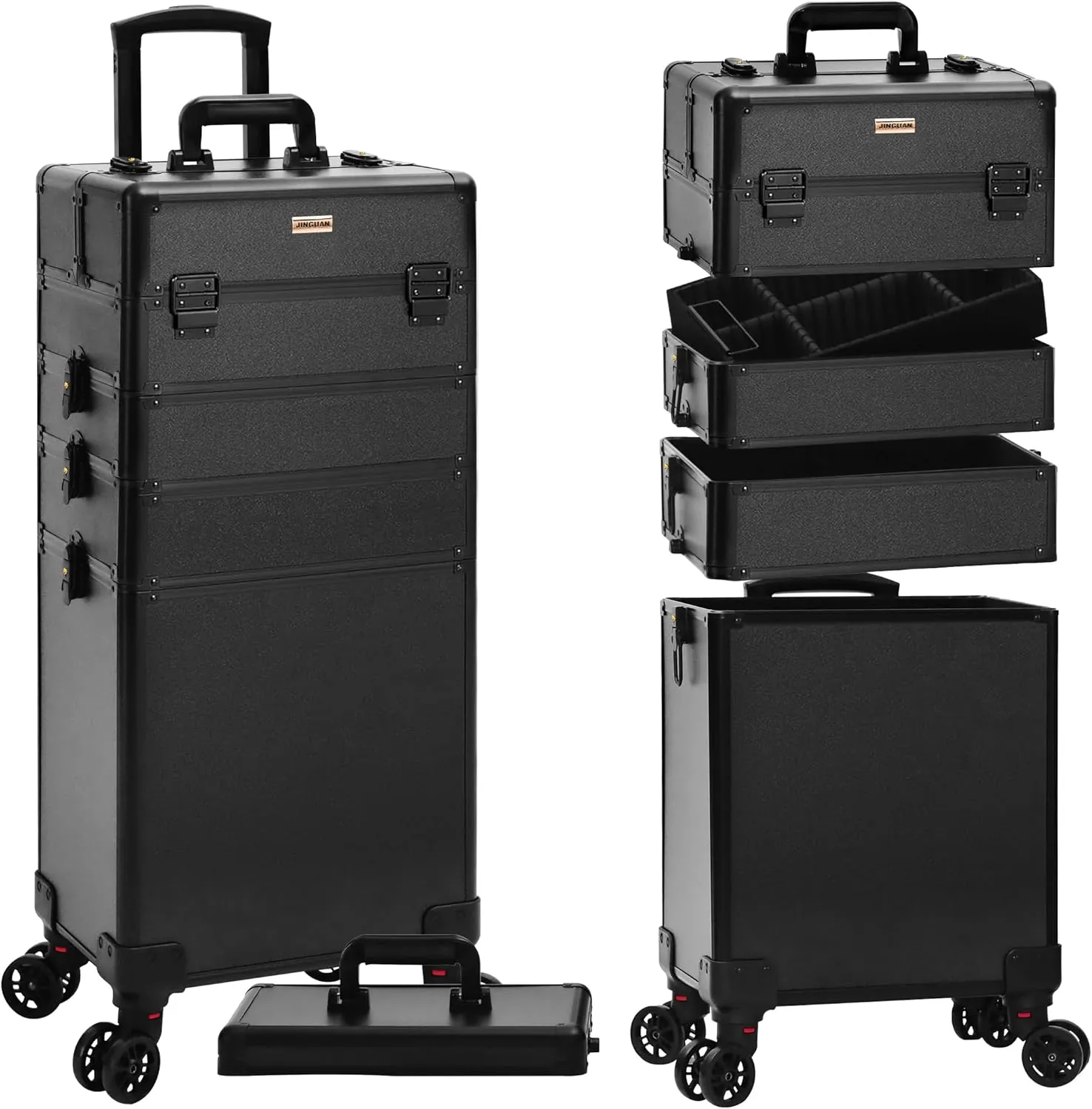 Rolling Makeup Train Case Large Storage Cosmetic Trolley 5 in 1 Large Capacity Trolley Makeup Travel Case with Key Swivel Wheels Salon Barber Case Traveling Cart Trunk, Black