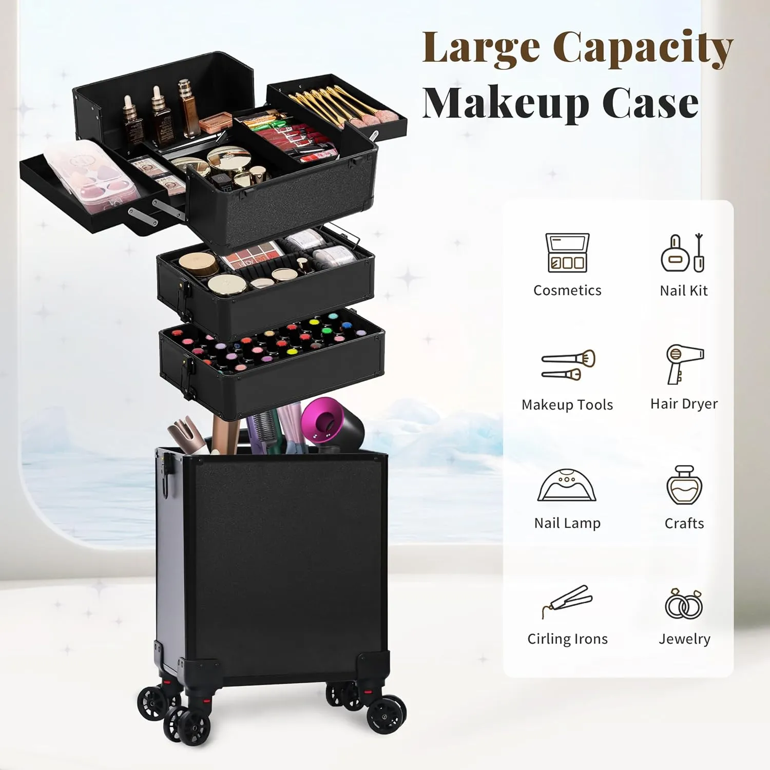 Rolling Makeup Train Case Large Storage Cosmetic Trolley 5 in 1 Large Capacity Trolley Makeup Travel Case with Key Swivel Wheels Salon Barber Case Traveling Cart Trunk, Black