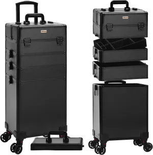 Rolling Makeup Train Case Large Storage Cosmetic Trolley 5 in 1 Large Capacity Trolley Makeup Travel Case with Key Swivel Wheels Salon Barber Case Traveling Cart Trunk, Black