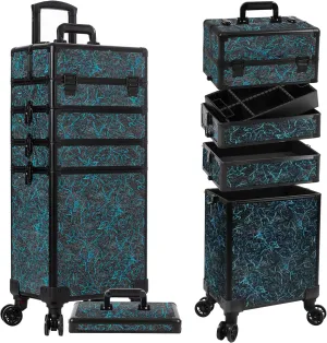 Rolling Makeup Train Case Large Storage Cosmetic Trolley 5 in 1 Large Capacity Trolley Makeup Travel Case with Key Swivel Wheels Salon Barber Case Traveling Cart Trunk, Blue