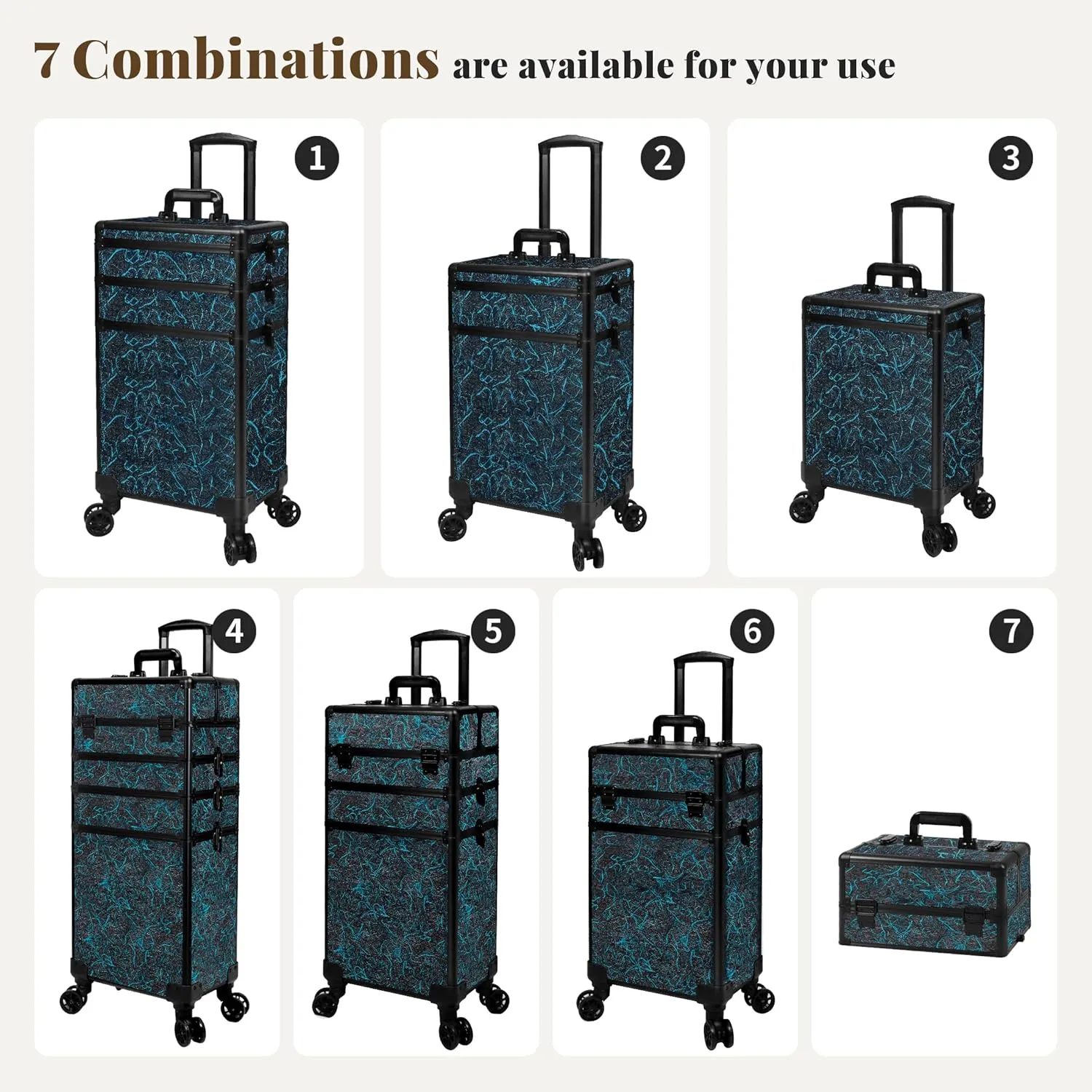 Rolling Makeup Train Case Large Storage Cosmetic Trolley 5 in 1 Large Capacity Trolley Makeup Travel Case with Key Swivel Wheels Salon Barber Case Traveling Cart Trunk, Blue