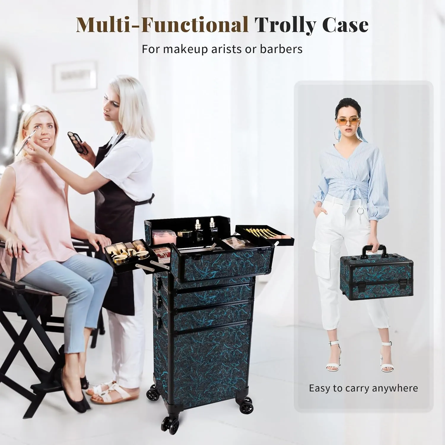 Rolling Makeup Train Case Large Storage Cosmetic Trolley 5 in 1 Large Capacity Trolley Makeup Travel Case with Key Swivel Wheels Salon Barber Case Traveling Cart Trunk, Blue