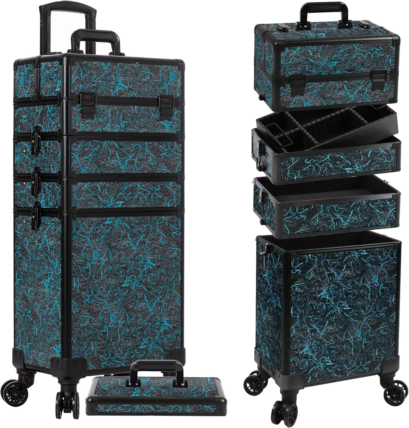 Rolling Makeup Train Case Large Storage Cosmetic Trolley 5 in 1 Large Capacity Trolley Makeup Travel Case with Key Swivel Wheels Salon Barber Case Traveling Cart Trunk, Blue