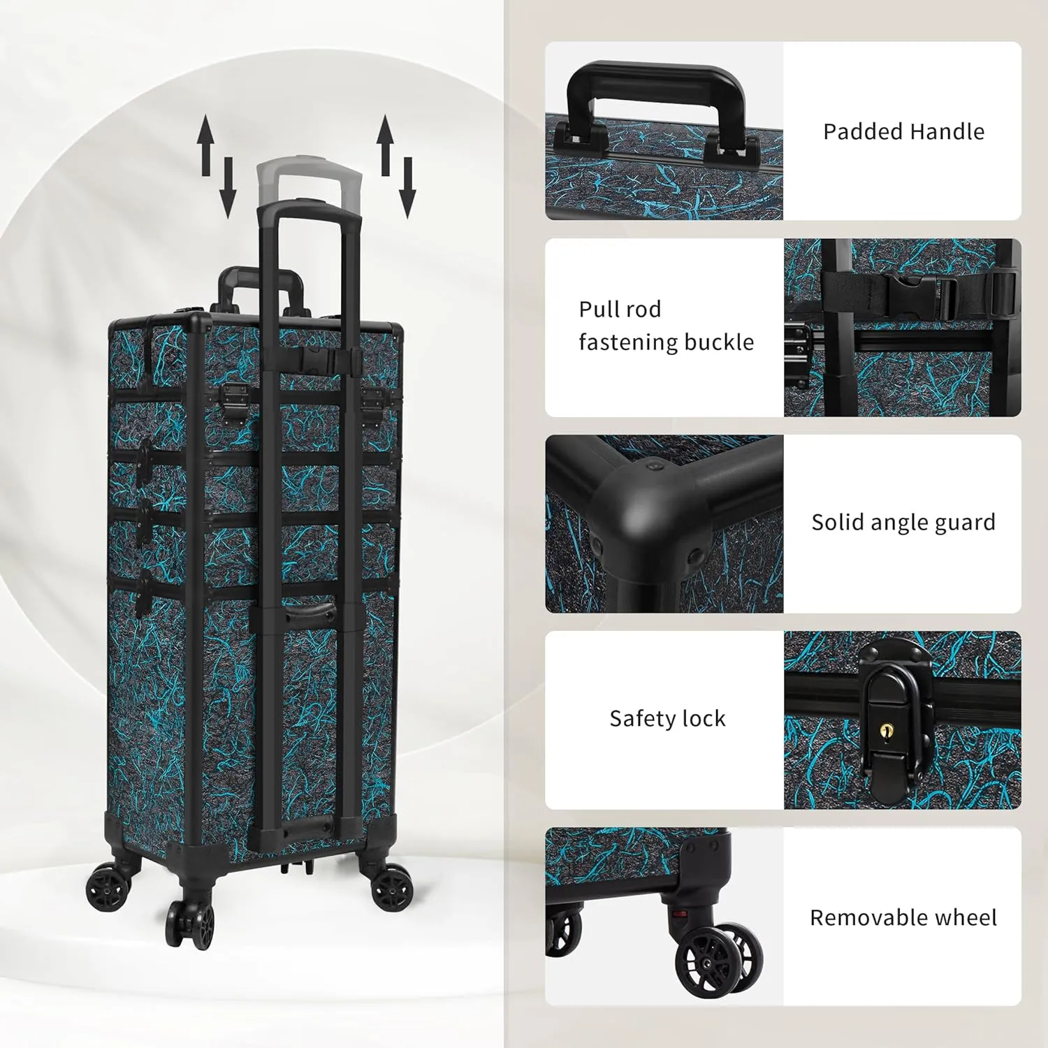 Rolling Makeup Train Case Large Storage Cosmetic Trolley 5 in 1 Large Capacity Trolley Makeup Travel Case with Key Swivel Wheels Salon Barber Case Traveling Cart Trunk, Blue