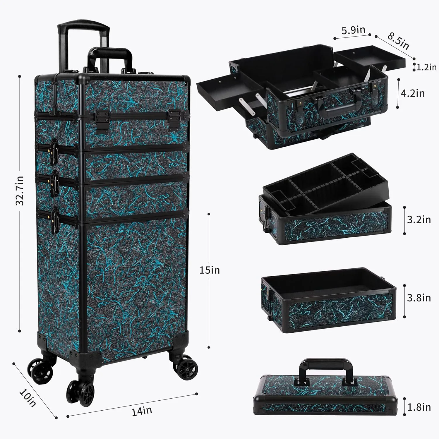 Rolling Makeup Train Case Large Storage Cosmetic Trolley 5 in 1 Large Capacity Trolley Makeup Travel Case with Key Swivel Wheels Salon Barber Case Traveling Cart Trunk, Blue