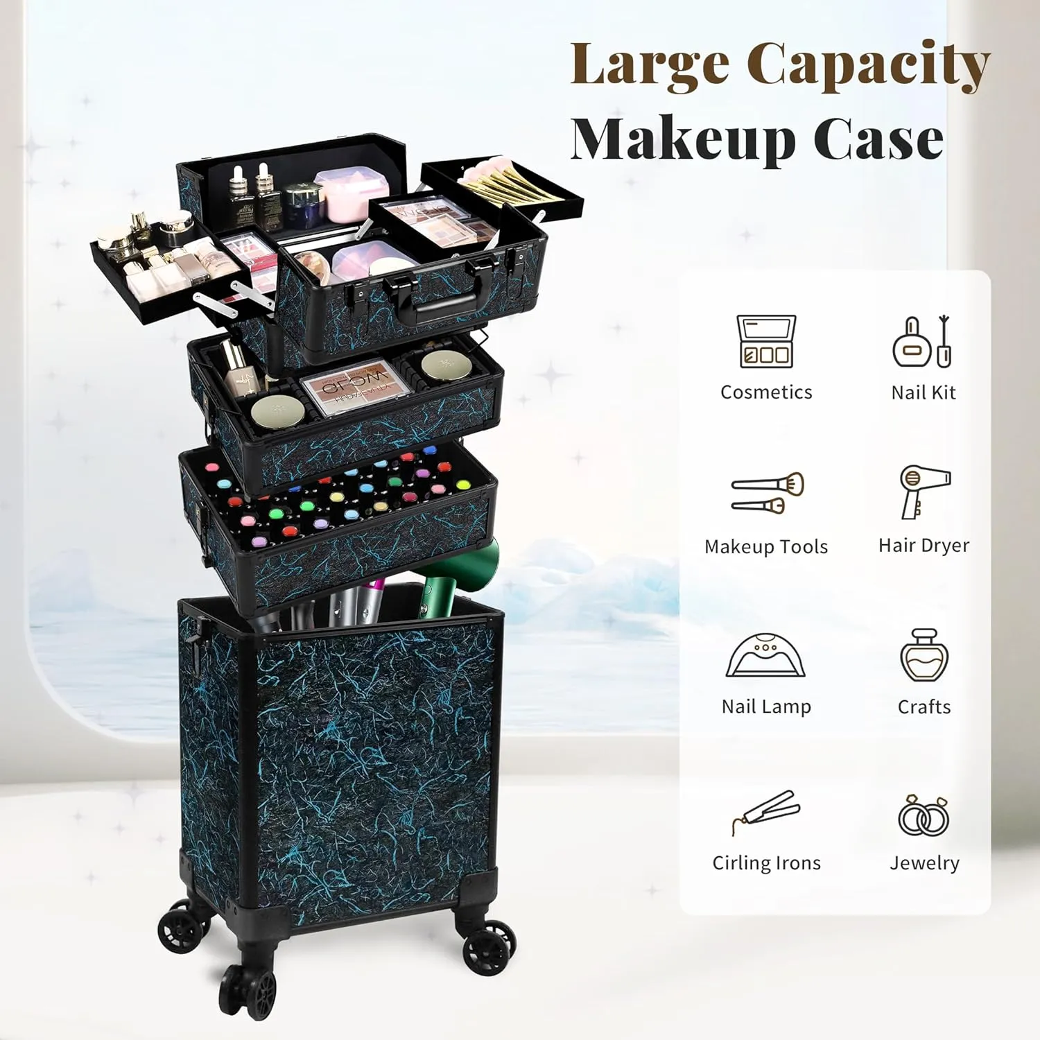 Rolling Makeup Train Case Large Storage Cosmetic Trolley 5 in 1 Large Capacity Trolley Makeup Travel Case with Key Swivel Wheels Salon Barber Case Traveling Cart Trunk, Blue