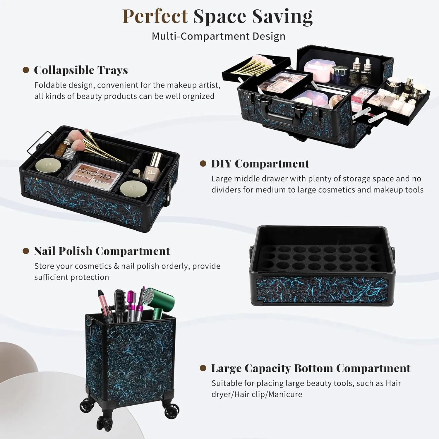 Rolling Makeup Train Case Large Storage Cosmetic Trolley 5 in 1 Large Capacity Trolley Makeup Travel Case with Key Swivel Wheels Salon Barber Case Traveling Cart Trunk, Blue