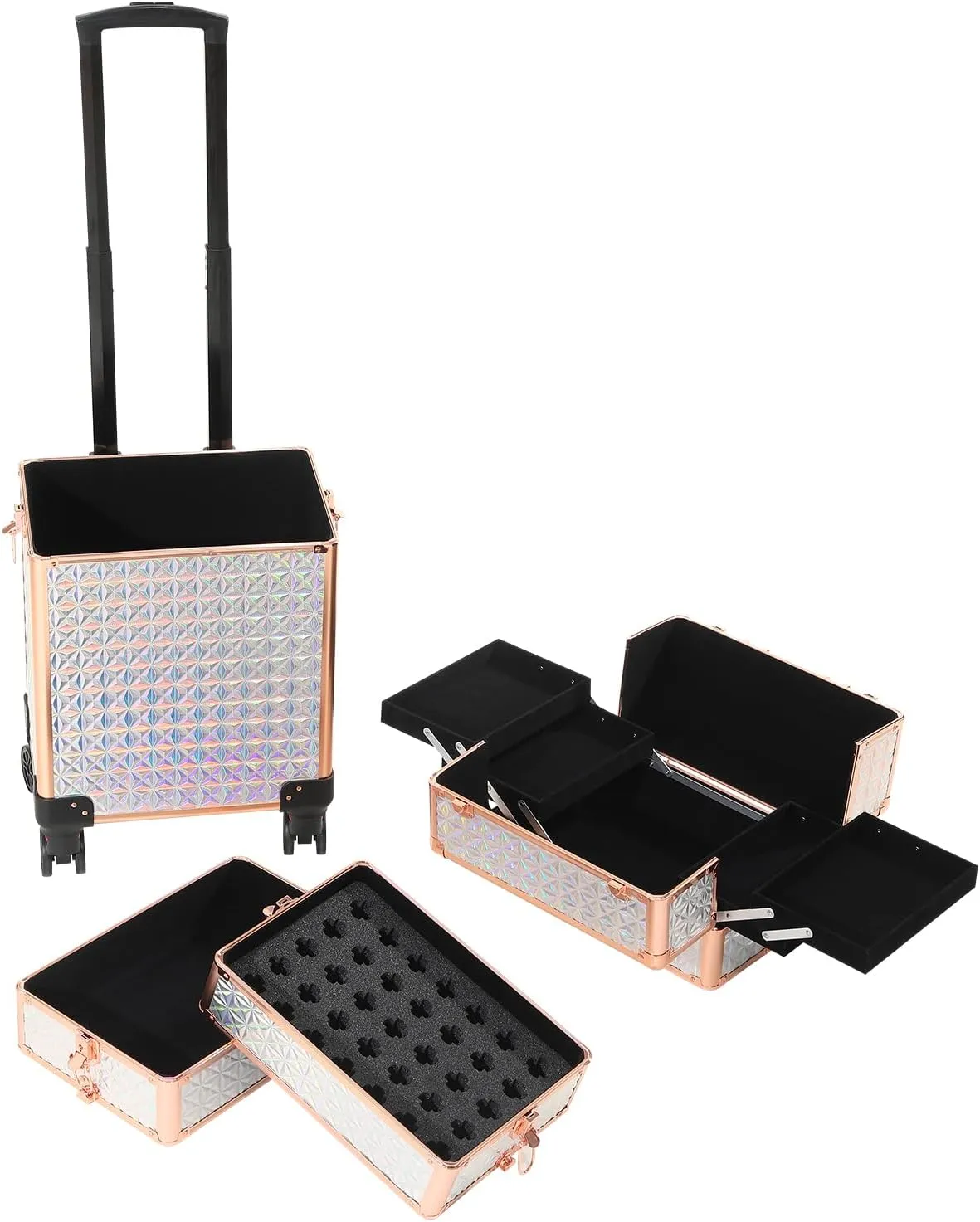 Rolling Train Case 4-in-1 Portable Makeup Train Case Professional Cosmetic Organizer Makeup Traveling case Trolley Cart Trunk (colorful silver)