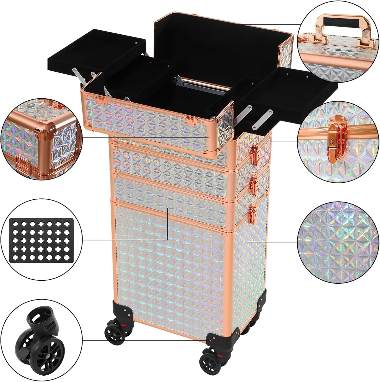 Rolling Train Case 4-in-1 Portable Makeup Train Case Professional Cosmetic Organizer Makeup Traveling case Trolley Cart Trunk (colorful silver)