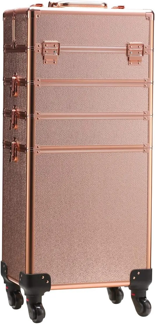 Rolling Train Case 5-in-1 Portable Makeup Train Case Professional Cosmetic Organizer Makeup Traveling case Trolley Cart Trunk (Rose Gold)