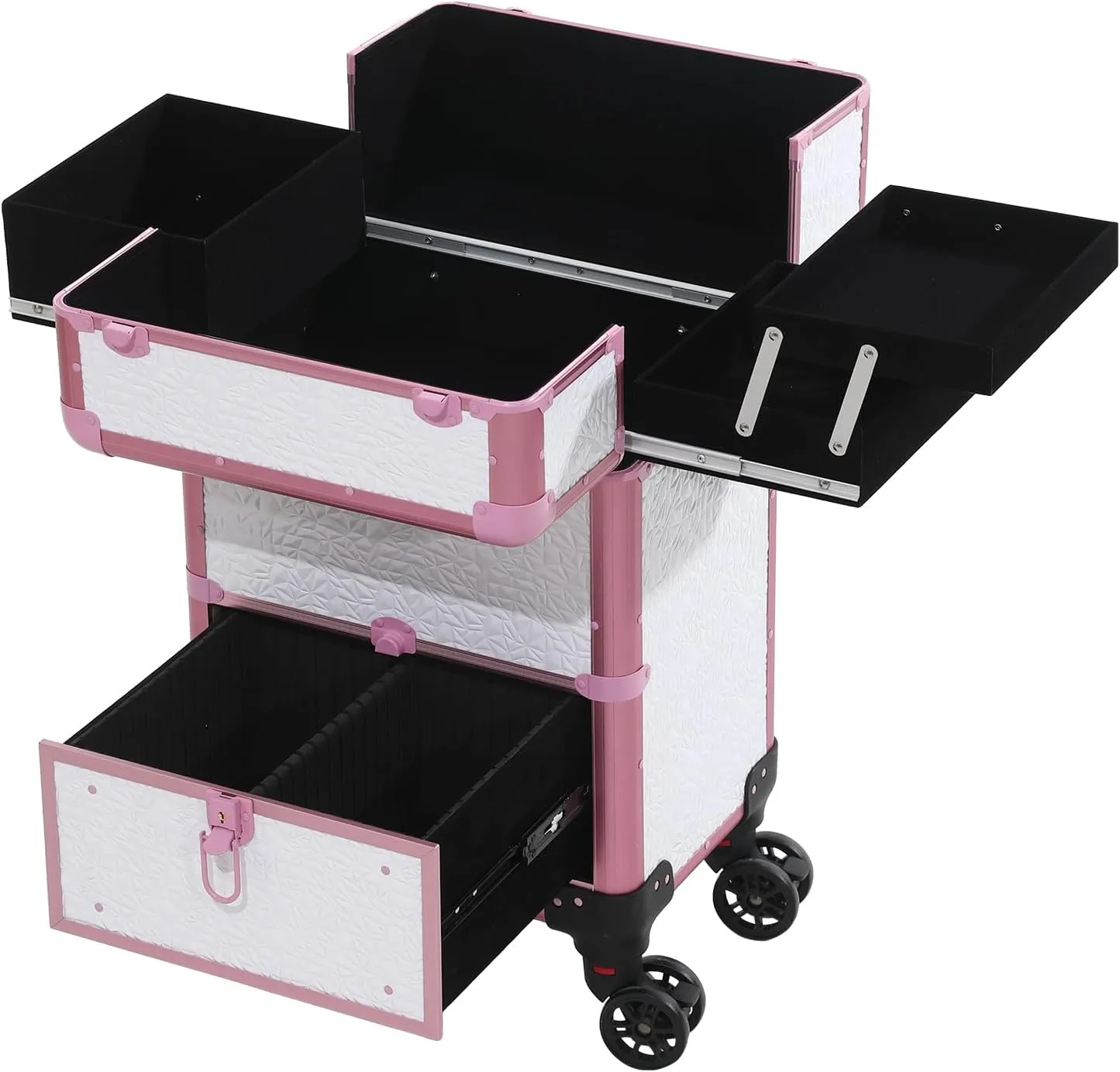 Rolling Train Case With Drawer - Cosmetic Organizer, Traveling Makeup Trolley (White)