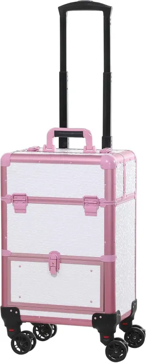 Rolling Train Case With Drawer - Cosmetic Organizer, Traveling Makeup Trolley (White)