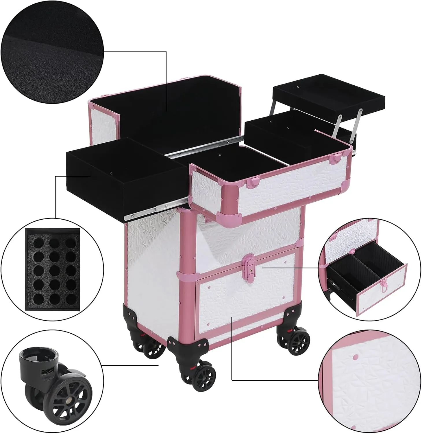 Rolling Train Case With Drawer - Cosmetic Organizer, Traveling Makeup Trolley (White)