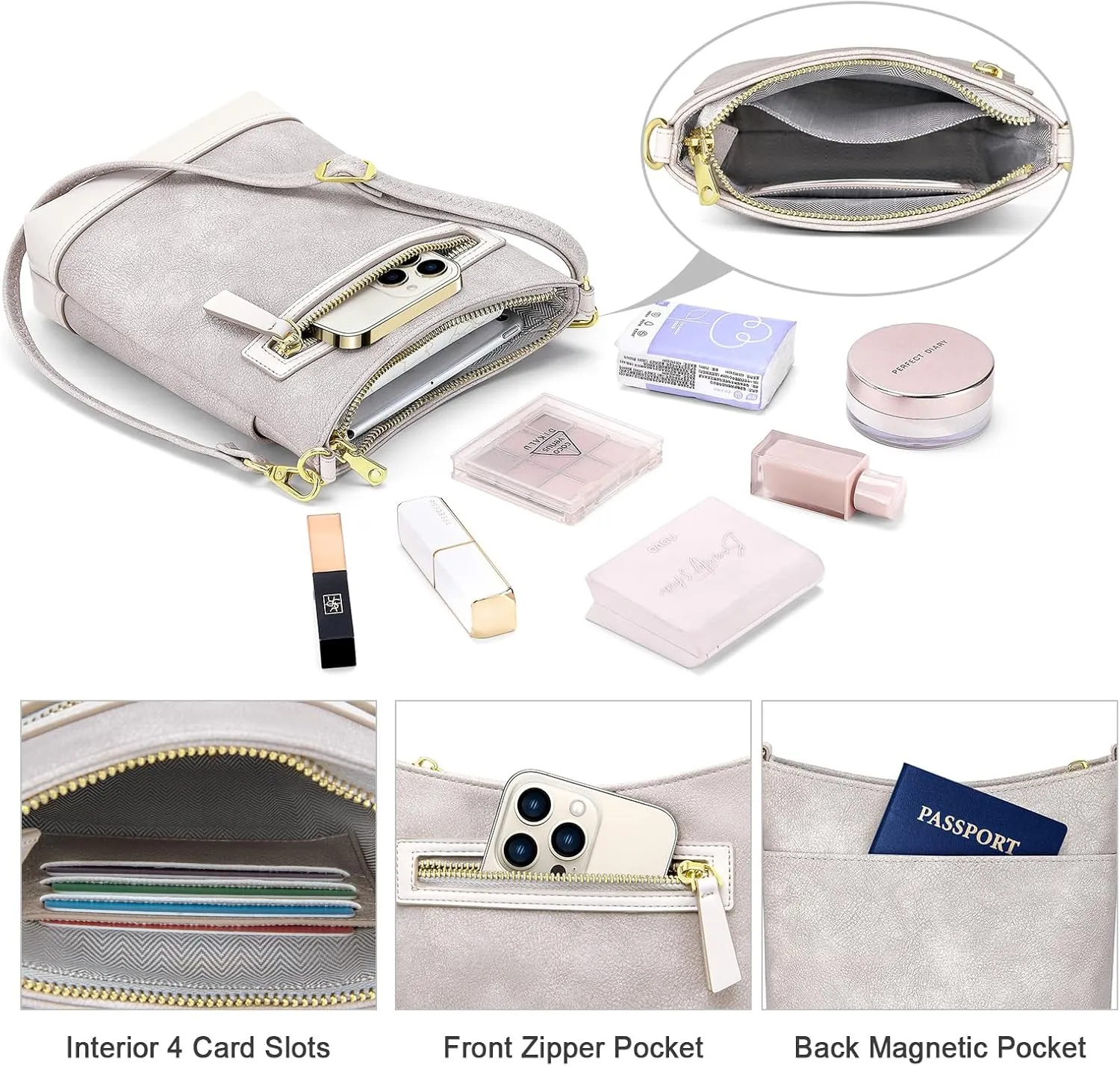 RONSIN Crossbody Bag for Women Cell Phone Purse Bucket Bag Shoulder Bag with Multi Zipper Pockets